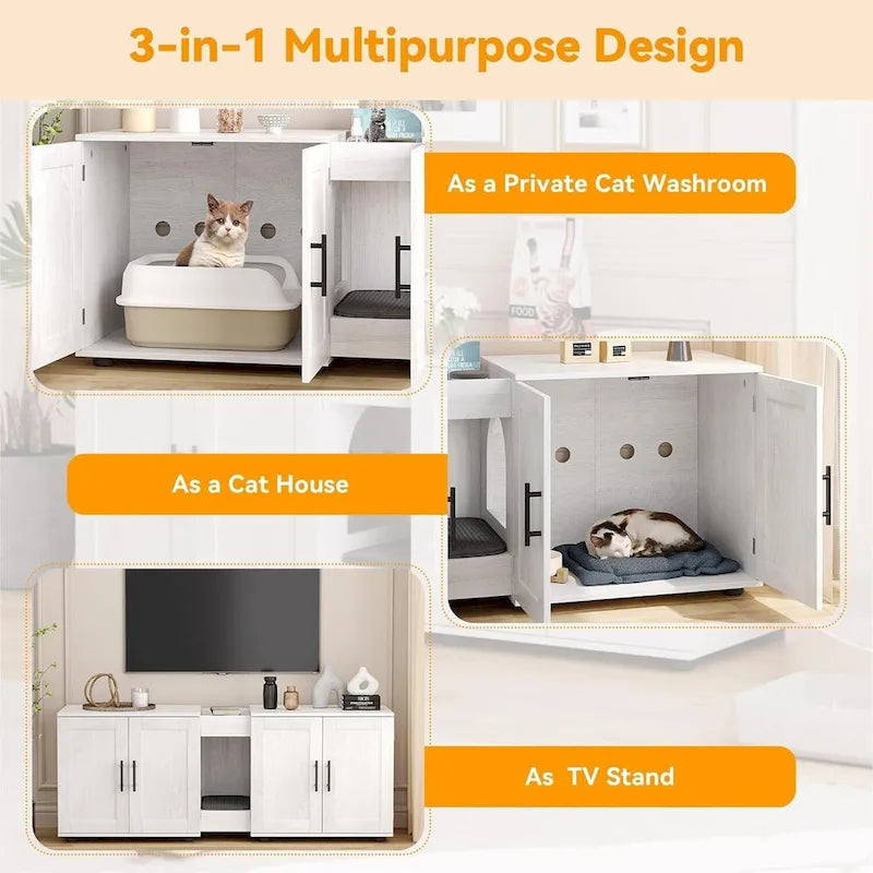 Meuble de litière pour chat double avec rangement et tapis de litière, blanc/noir, style moderne, 2 chats