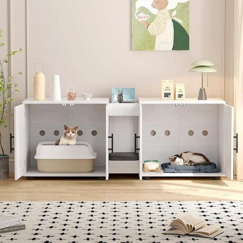 Meuble de litière pour chat double avec rangement et tapis de litière, blanc/noir, style moderne, 2 chats