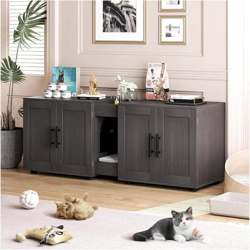 Meuble de litière pour chat double avec rangement et tapis de litière, blanc/noir, style moderne, 2 chats