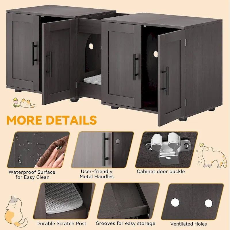 Meuble de litière pour chat double avec rangement et tapis de litière, blanc/noir, style moderne, 2 chats