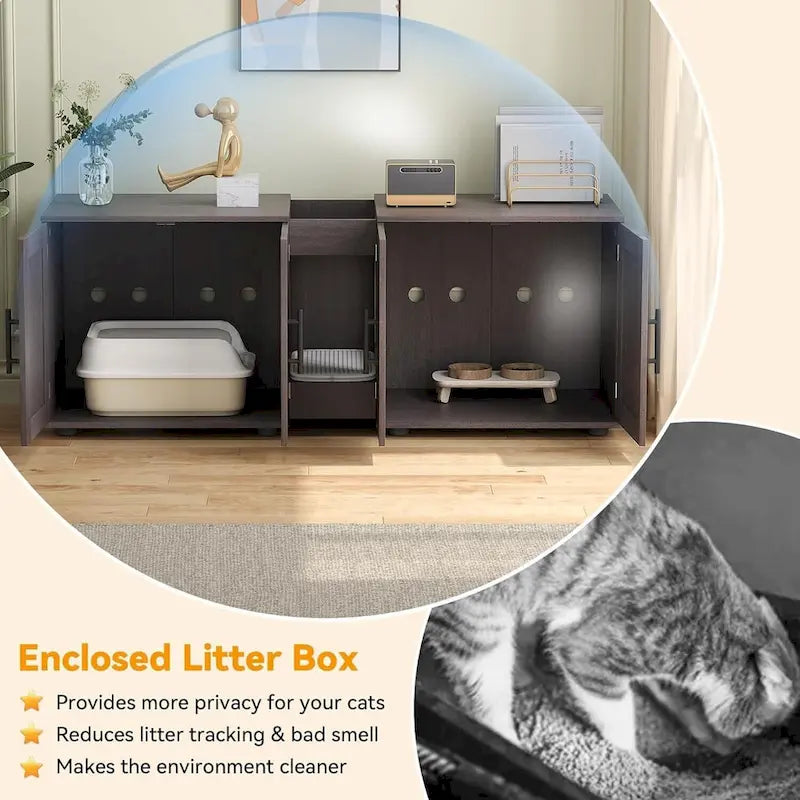 Meuble de litière pour chat double avec rangement et tapis de litière, blanc/noir, style moderne, 2 chats