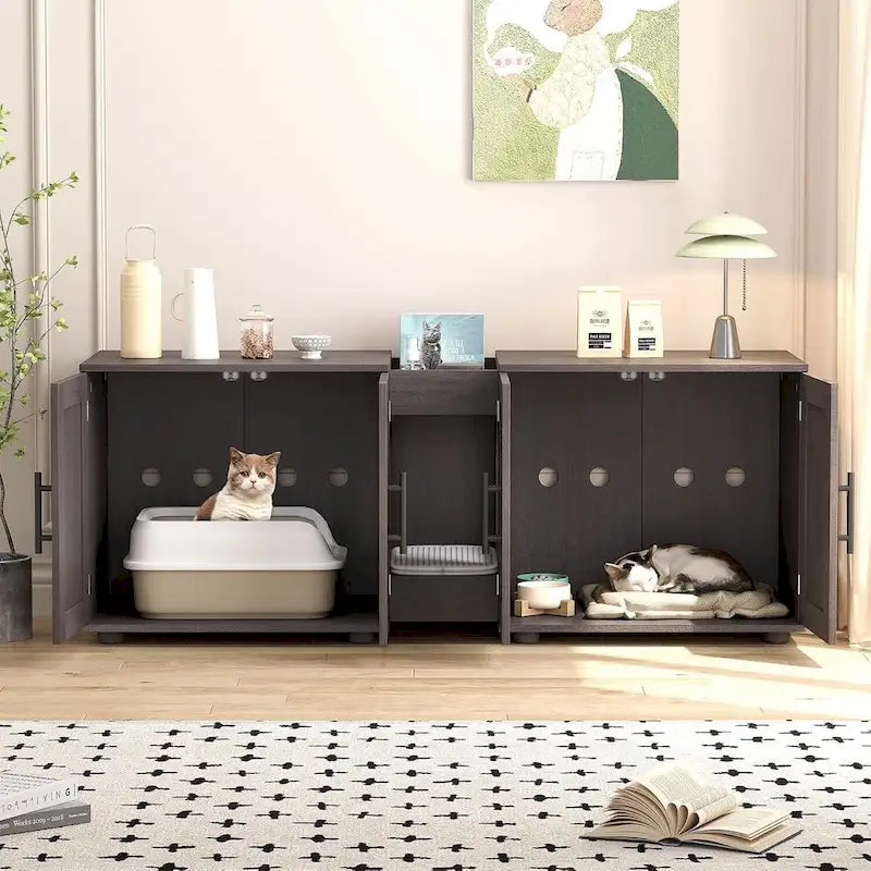 Meuble de litière pour chat double avec rangement et tapis de litière, blanc/noir, style moderne, 2 chats