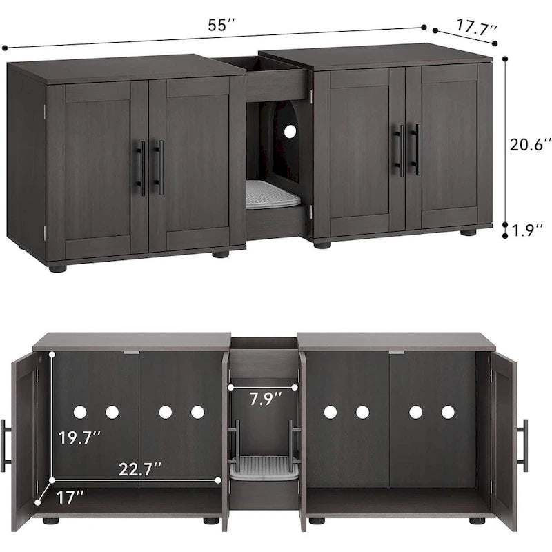 Meuble de litière pour chat double avec rangement et tapis de litière, blanc/noir, style moderne, 2 chats