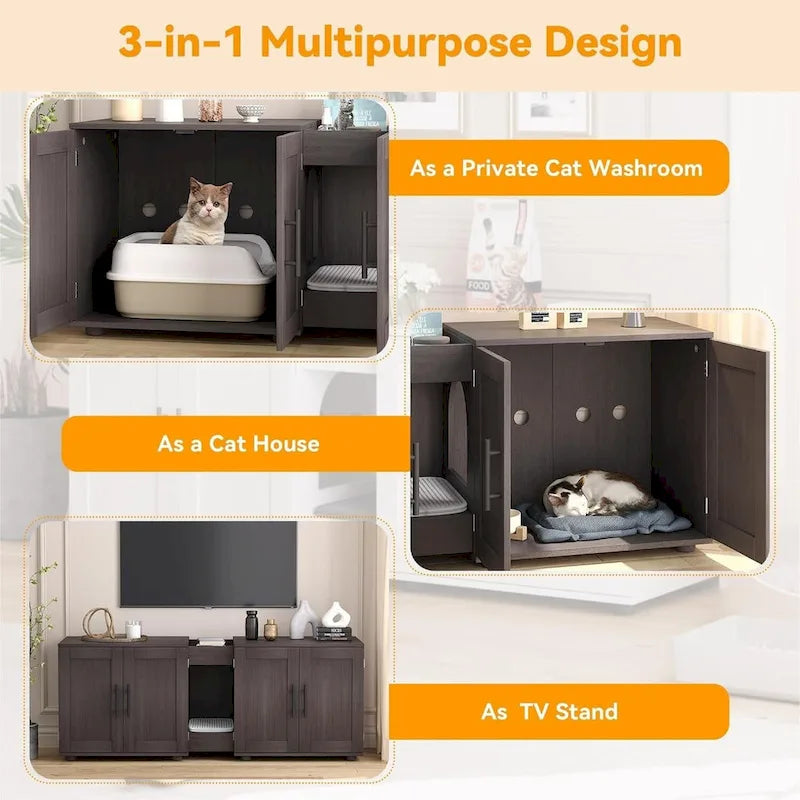 Meuble de litière pour chat double avec rangement et tapis de litière, blanc/noir, style moderne, 2 chats