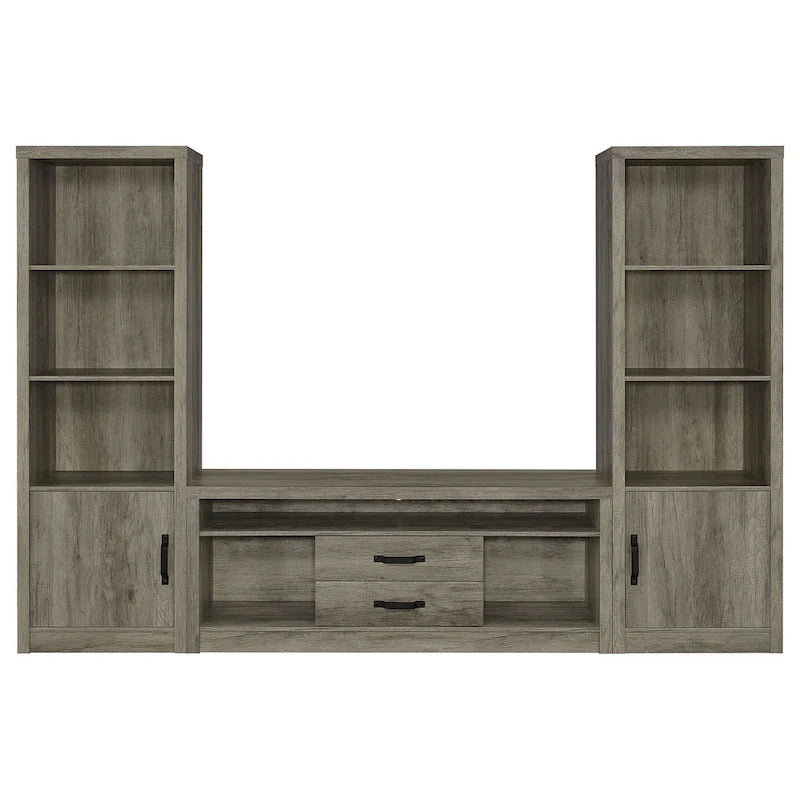 Meuble TV gris et noir avec 2 colonnes multimédia et 8 compartiments