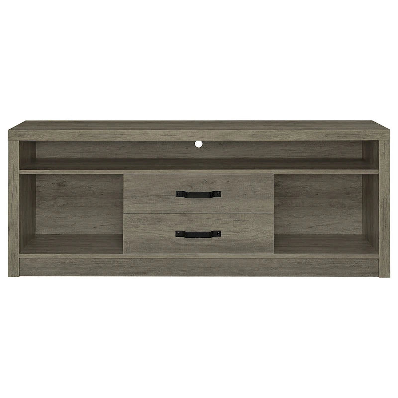 Meuble TV gris et noir avec 2 colonnes multimédia et 8 compartiments