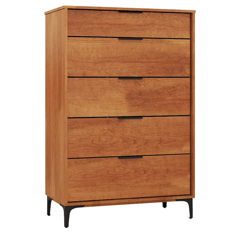 Commode à 5 tiroirs avec pieds en métal et kit anti-basculement, marron, style moderne du milieu du siècle, chambre à coucher pour 1 personne