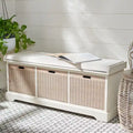 Banc de rangement de style ferme avec coussin et 3 tiroirs en osier - Blanc vieilli / Sable / Noir / Marron - 1-2 places