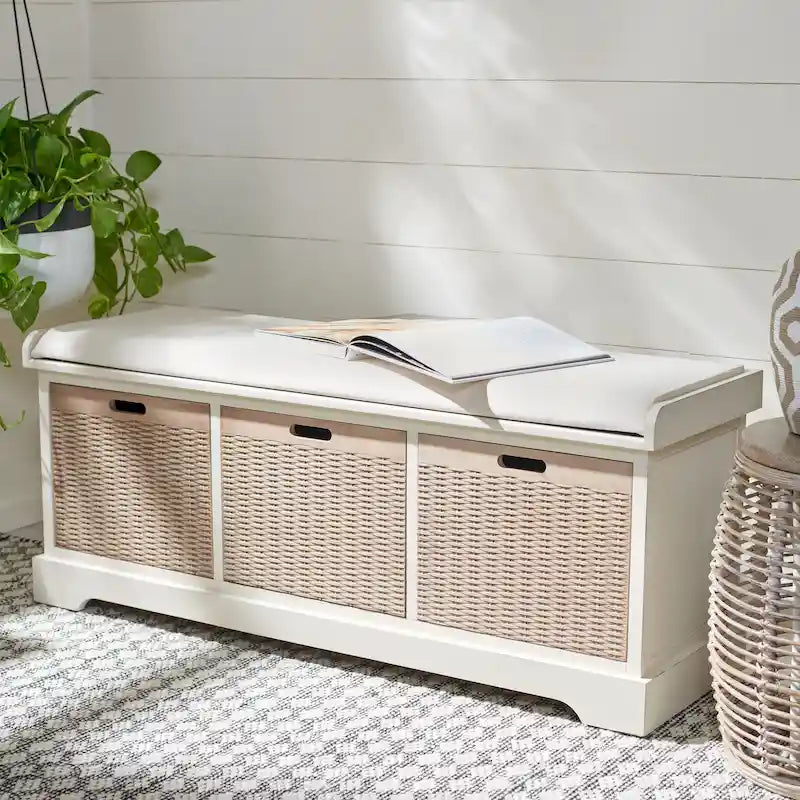 Banc de rangement de style ferme avec coussin et 3 tiroirs en osier - Blanc vieilli / Sable / Noir / Marron - 1-2 places