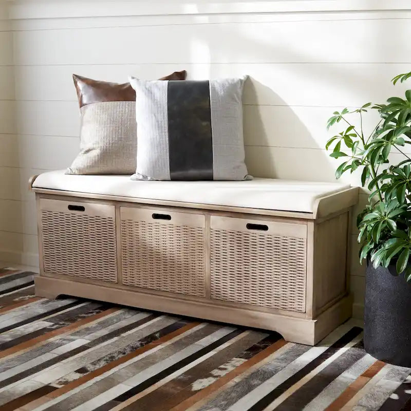 Banc de rangement de style ferme avec coussin et 3 tiroirs en osier - Blanc vieilli / Sable / Noir / Marron - 1-2 places