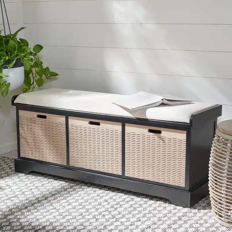 Banc de rangement de style ferme avec coussin et 3 tiroirs en osier - Blanc vieilli / Sable / Noir / Marron - 1-2 places