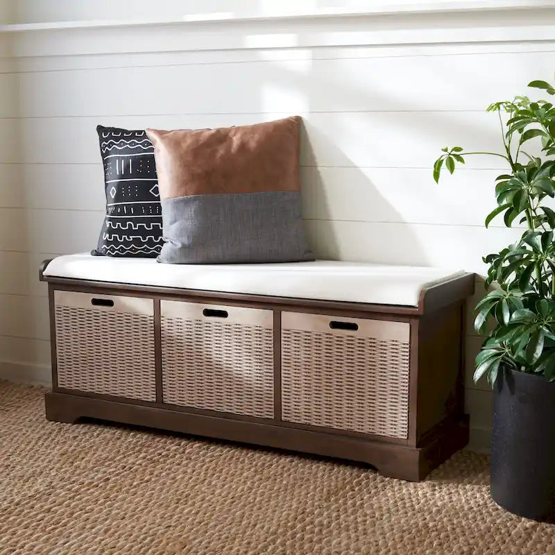 Banc de rangement de style ferme avec coussin et 3 tiroirs en osier - Blanc vieilli / Sable / Noir / Marron - 1-2 places