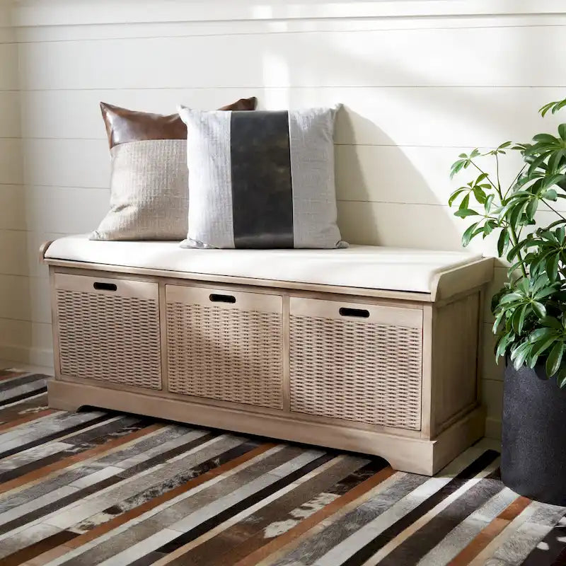 Banc de rangement de style ferme avec coussin et 3 tiroirs en osier - Blanc vieilli / Sable / Noir / Marron - 1-2 places