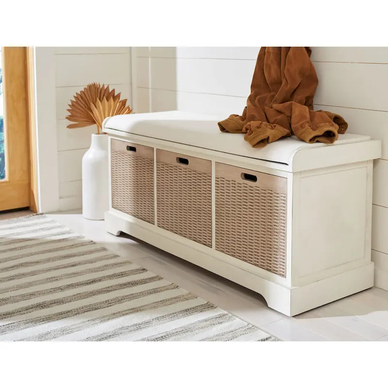 Banc de rangement de style ferme avec coussin et 3 tiroirs en osier - Blanc vieilli / Sable / Noir / Marron - 1-2 places