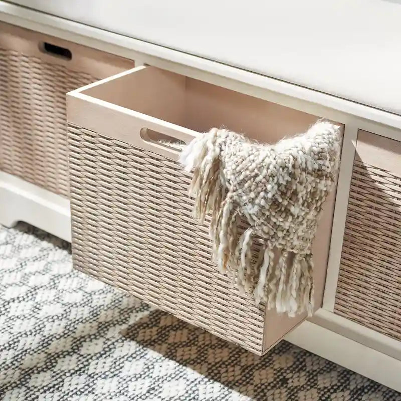 Banc de rangement de style ferme avec coussin et 3 tiroirs en osier - Blanc vieilli / Sable / Noir / Marron - 1-2 places