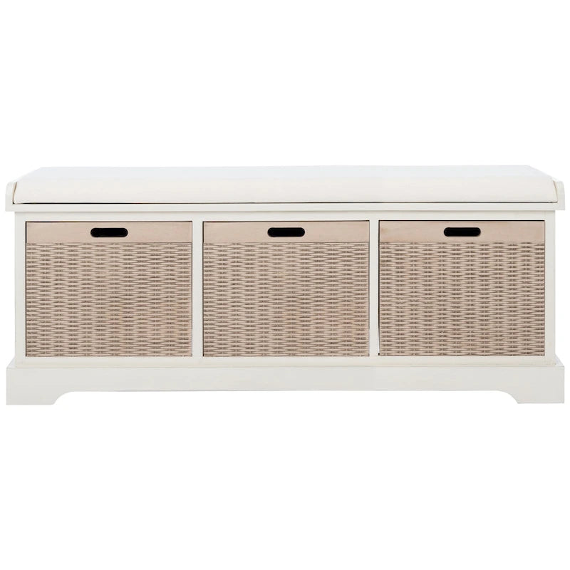 Banc de rangement de style ferme avec coussin et 3 tiroirs en osier - Blanc vieilli / Sable / Noir / Marron - 1-2 places