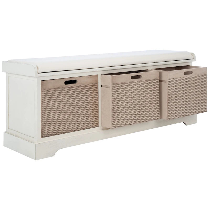Banc de rangement de style ferme avec coussin et 3 tiroirs en osier - Blanc vieilli / Sable / Noir / Marron - 1-2 places