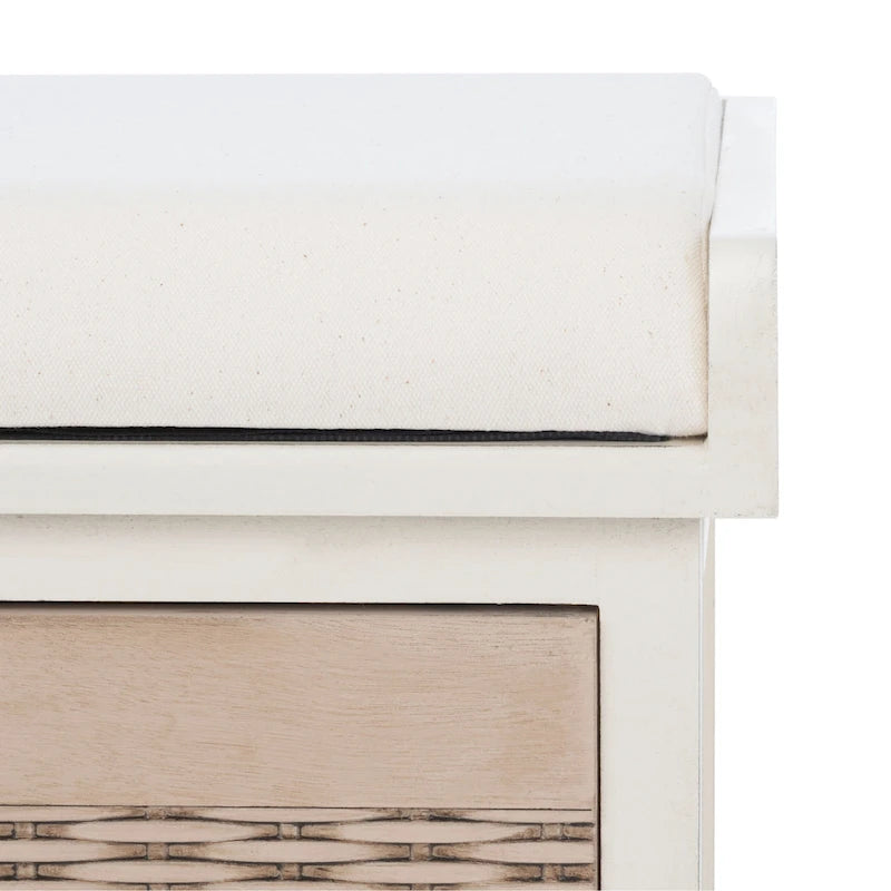 Banc de rangement de style ferme avec coussin et 3 tiroirs en osier - Blanc vieilli / Sable / Noir / Marron - 1-2 places