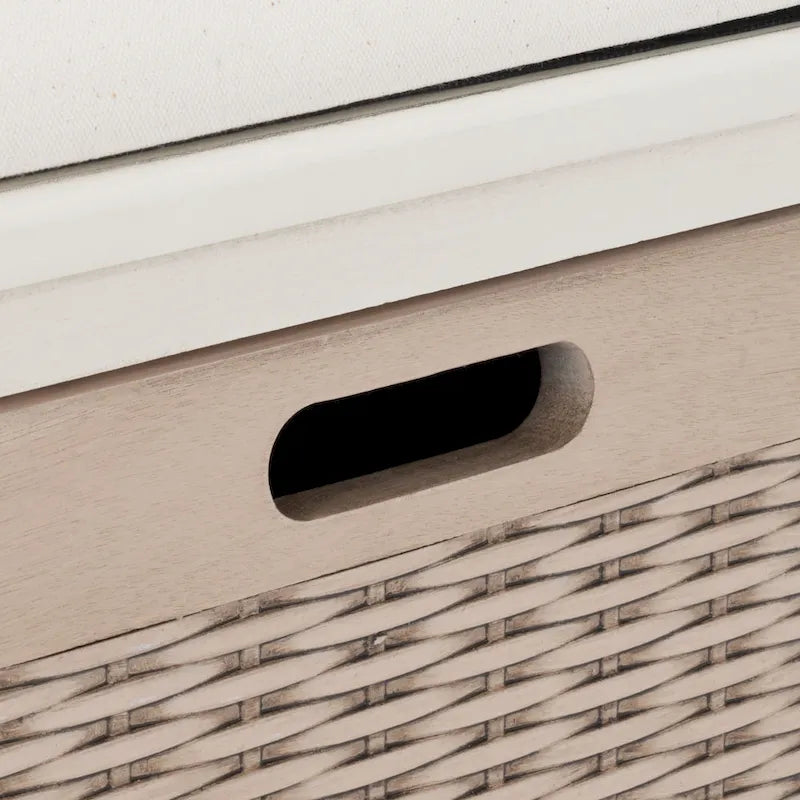 Banc de rangement de style ferme avec coussin et 3 tiroirs en osier - Blanc vieilli / Sable / Noir / Marron - 1-2 places