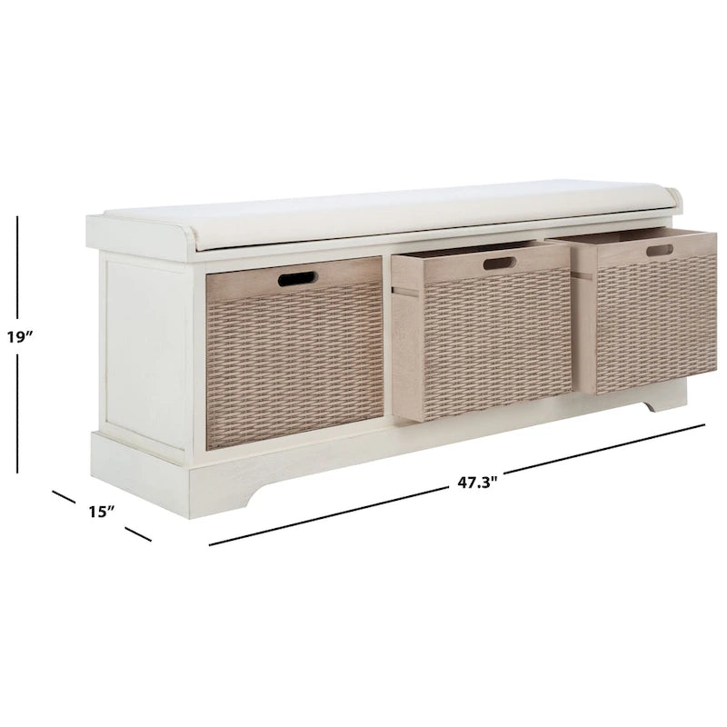 Banc de rangement de style ferme avec coussin et 3 tiroirs en osier - Blanc vieilli / Sable / Noir / Marron - 1-2 places