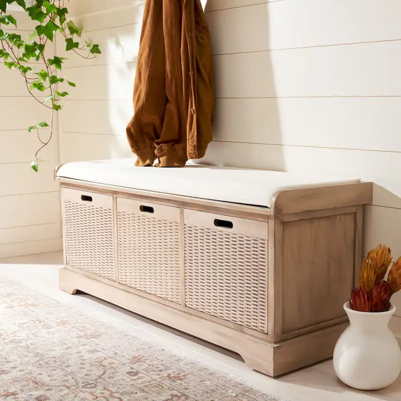 Banc de rangement de style ferme avec coussin et 3 tiroirs en osier - Blanc vieilli / Sable / Noir / Marron - 1-2 places