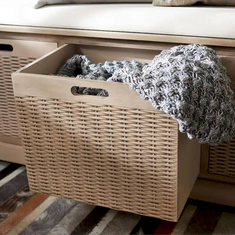 Banc de rangement de style ferme avec coussin et 3 tiroirs en osier - Blanc vieilli / Sable / Noir / Marron - 1-2 places