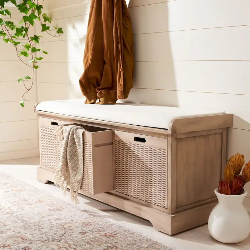 Banc de rangement de style ferme avec coussin et 3 tiroirs en osier - Blanc vieilli / Sable / Noir / Marron - 1-2 places
