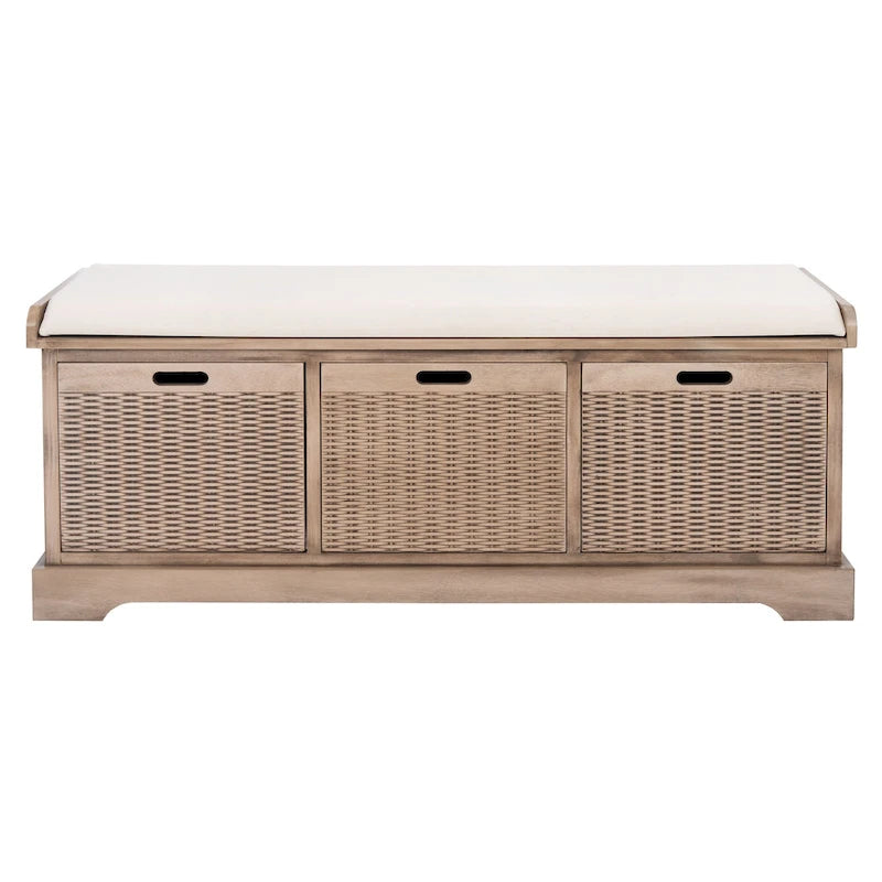 Banc de rangement de style ferme avec coussin et 3 tiroirs en osier - Blanc vieilli / Sable / Noir / Marron - 1-2 places