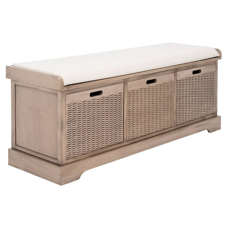 Banc de rangement de style ferme avec coussin et 3 tiroirs en osier - Blanc vieilli / Sable / Noir / Marron - 1-2 places