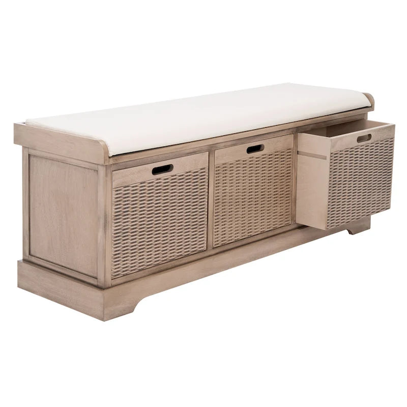 Banc de rangement de style ferme avec coussin et 3 tiroirs en osier - Blanc vieilli / Sable / Noir / Marron - 1-2 places