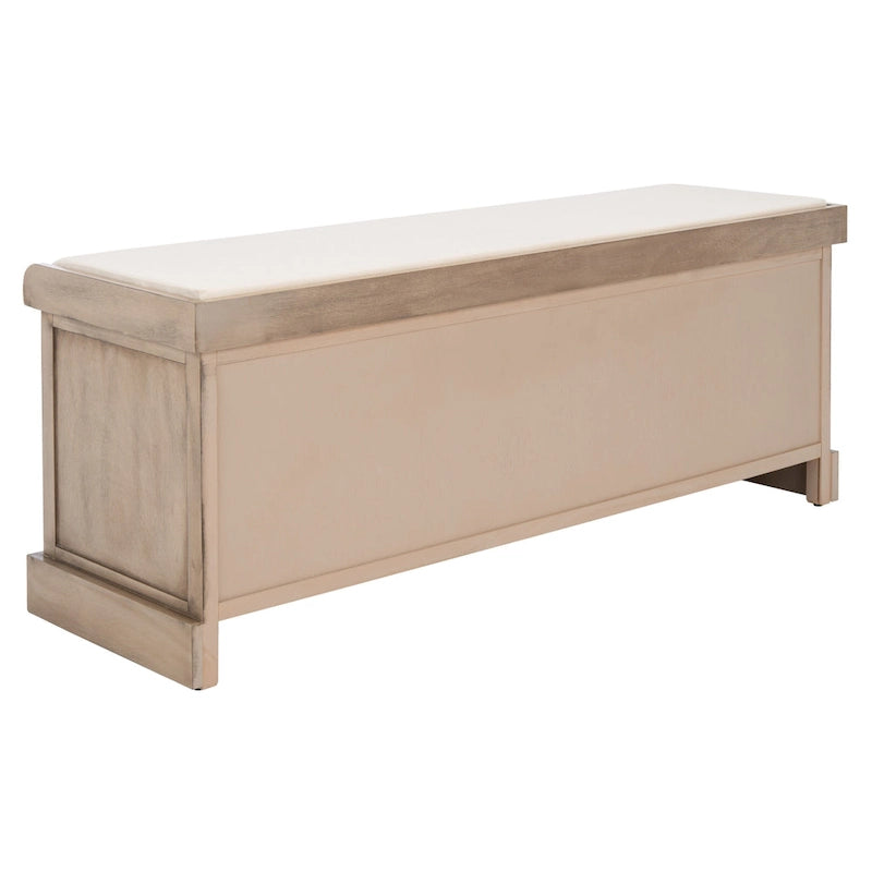 Banc de rangement de style ferme avec coussin et 3 tiroirs en osier - Blanc vieilli / Sable / Noir / Marron - 1-2 places