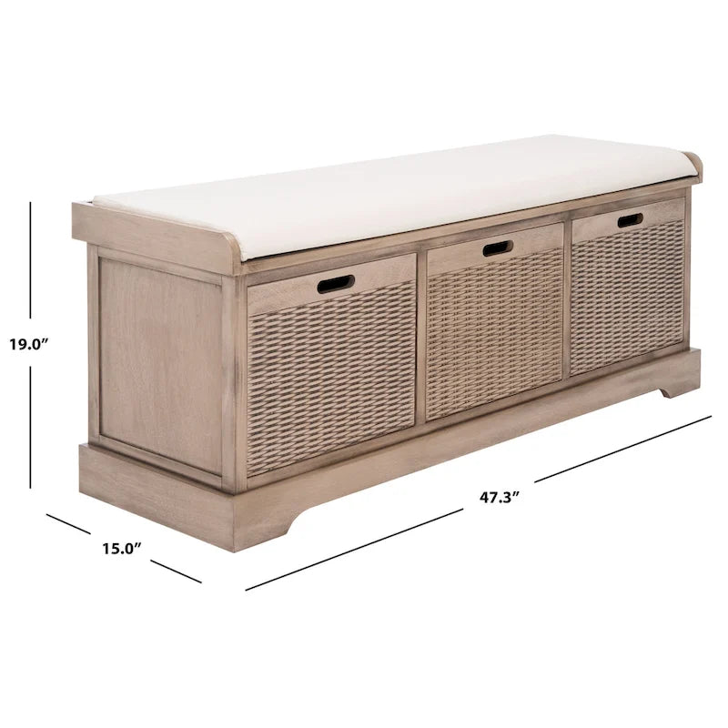 Banc de rangement de style ferme avec coussin et 3 tiroirs en osier - Blanc vieilli / Sable / Noir / Marron - 1-2 places