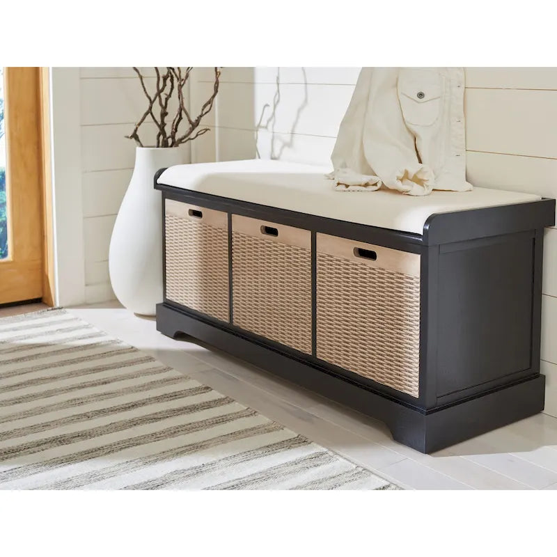 Banc de rangement de style ferme avec coussin et 3 tiroirs en osier - Blanc vieilli / Sable / Noir / Marron - 1-2 places