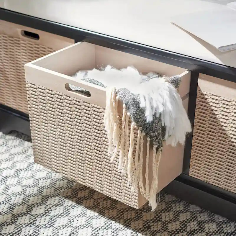 Banc de rangement de style ferme avec coussin et 3 tiroirs en osier - Blanc vieilli / Sable / Noir / Marron - 1-2 places