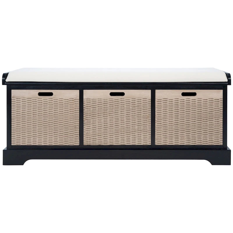 Banc de rangement de style ferme avec coussin et 3 tiroirs en osier - Blanc vieilli / Sable / Noir / Marron - 1-2 places