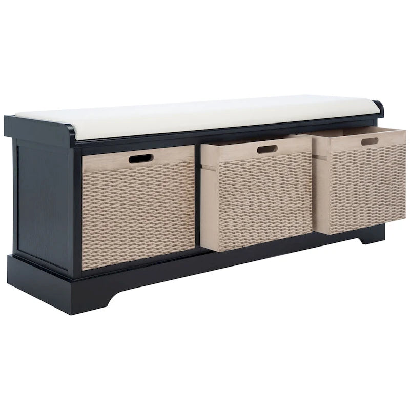 Banc de rangement de style ferme avec coussin et 3 tiroirs en osier - Blanc vieilli / Sable / Noir / Marron - 1-2 places