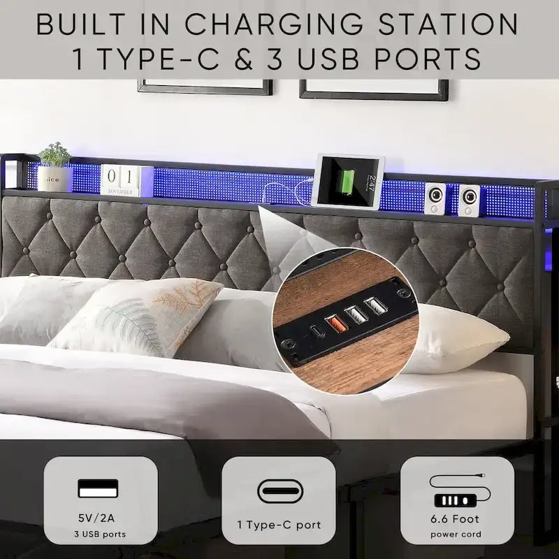 Lit plateforme capitonné gris king avec tête de lit LED et station de recharge