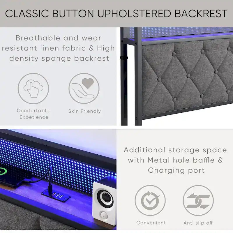 Lit plateforme capitonné gris king avec tête de lit LED et station de recharge