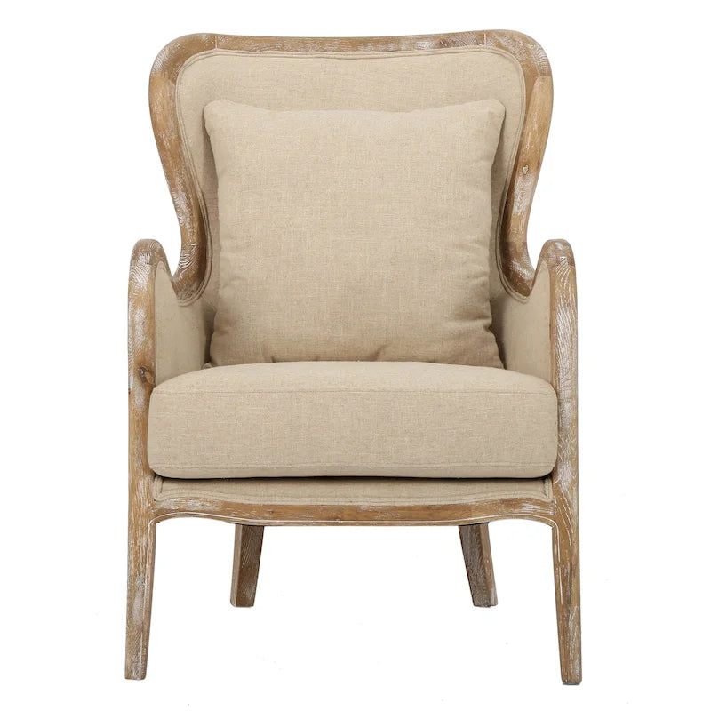 Fauteuil à oreilles haut dossier en tissu beige avec cadre en bois de chêne – 1 place