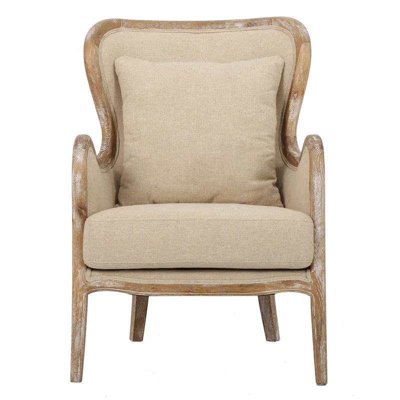 Fauteuil à oreilles haut dossier en tissu beige avec cadre en bois de chêne – 1 place