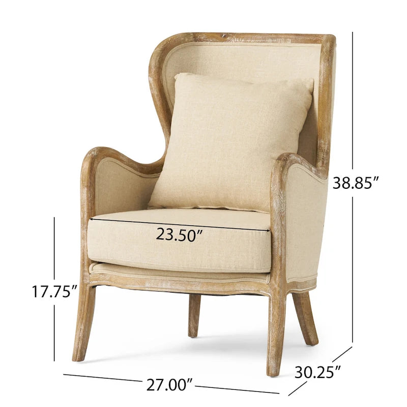 Fauteuil à oreilles haut dossier en tissu beige avec cadre en bois de chêne – 1 place