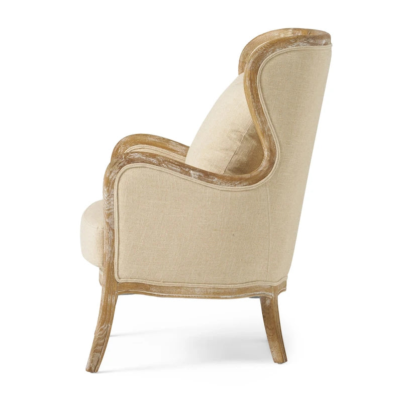 Fauteuil à oreilles haut dossier en tissu beige avec cadre en bois de chêne – 1 place