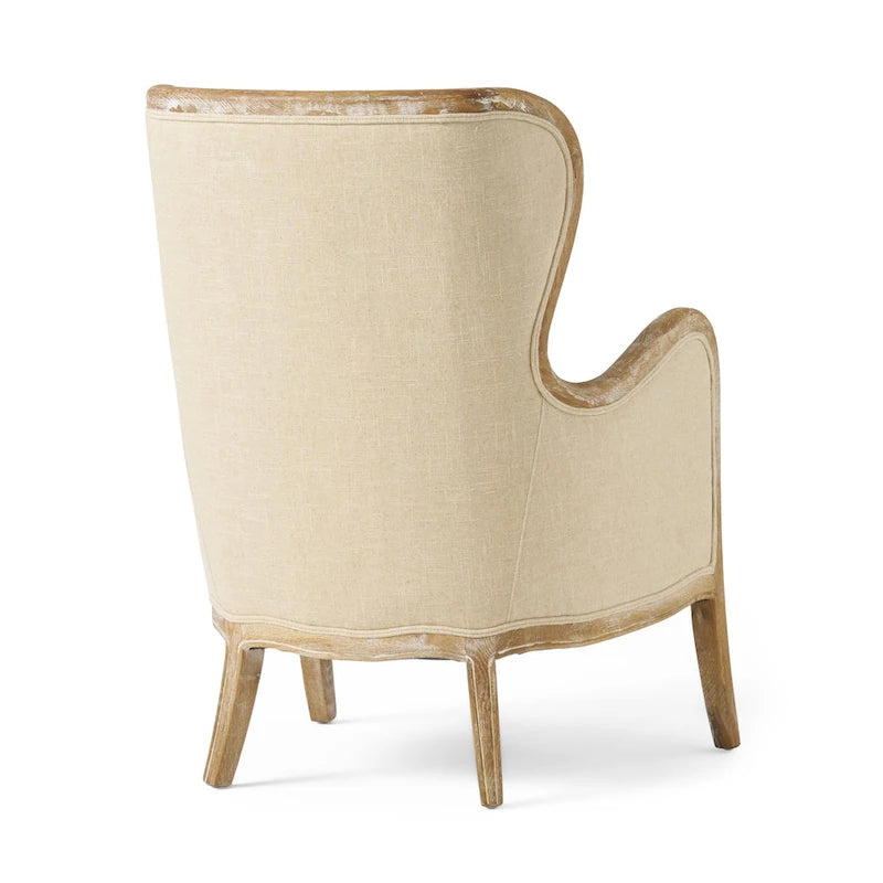 Fauteuil à oreilles haut dossier en tissu beige avec cadre en bois de chêne – 1 place