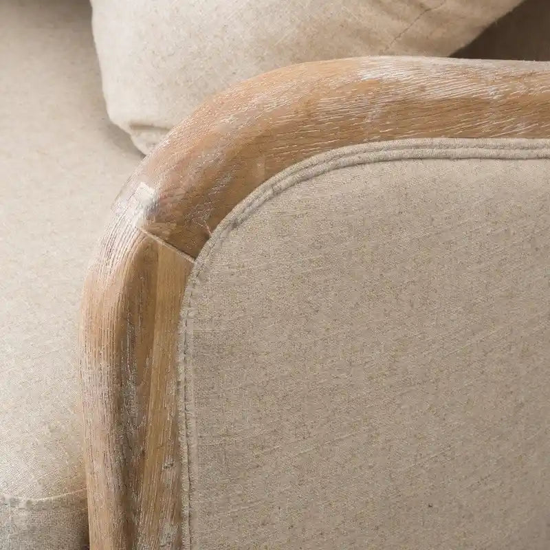 Fauteuil à oreilles haut dossier en tissu beige avec cadre en bois de chêne – 1 place