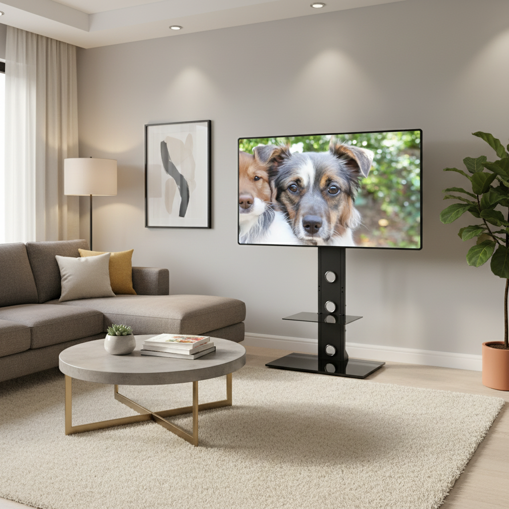 Meuble TV sur pied pivotant noir avec étagère en verre trempé – Compatible avec les téléviseurs de 37 à 72 pouces