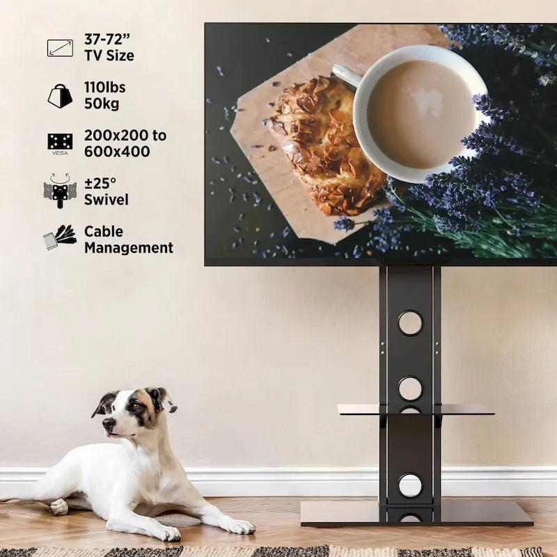 Meuble TV sur pied pivotant noir avec étagère en verre trempé – Compatible avec les téléviseurs de 37 à 72 pouces