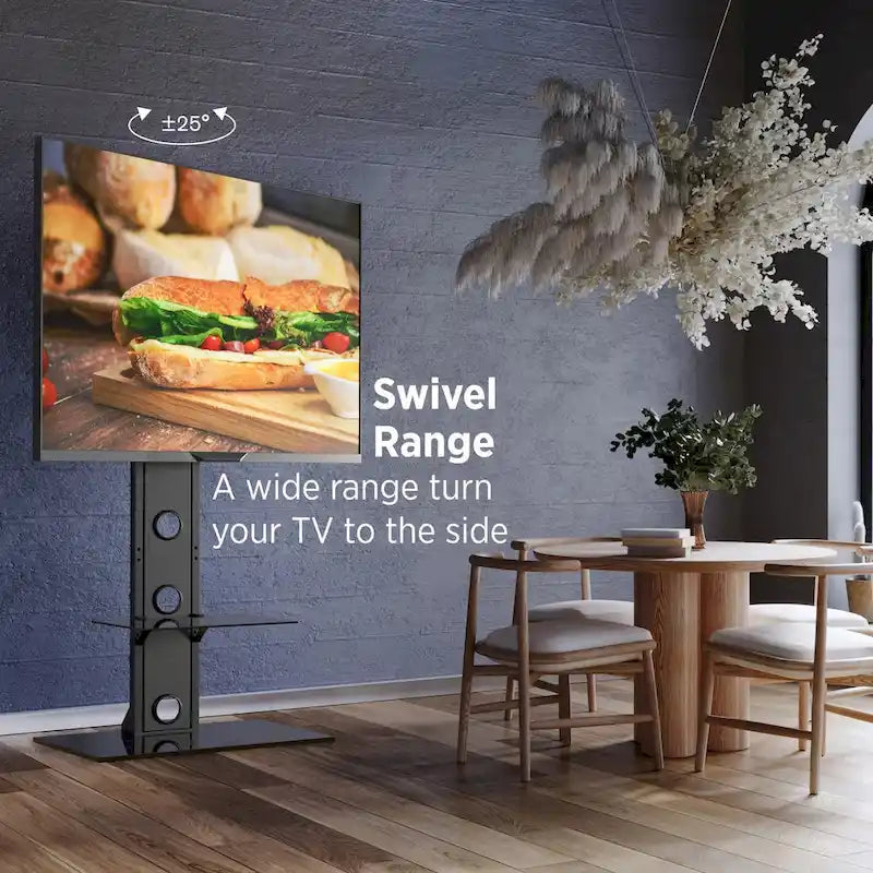 Meuble TV sur pied pivotant noir avec étagère en verre trempé – Compatible avec les téléviseurs de 37 à 72 pouces
