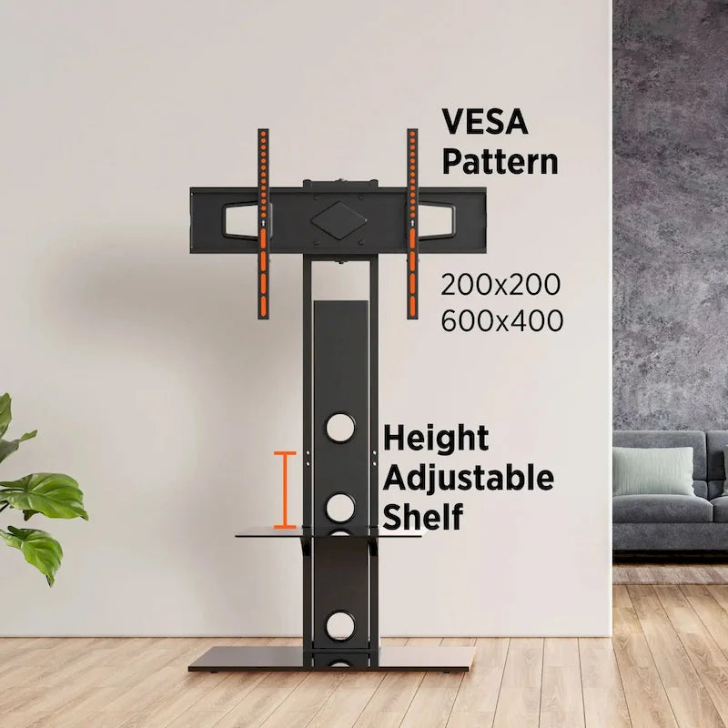 Meuble TV sur pied pivotant noir avec étagère en verre trempé – Compatible avec les téléviseurs de 37 à 72 pouces