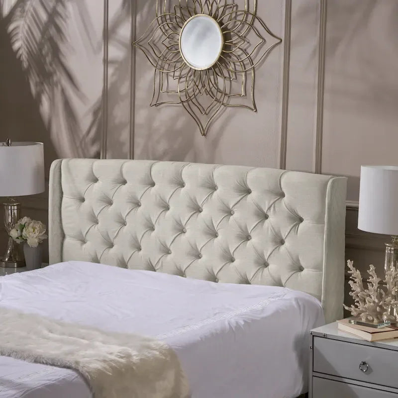 Tête de lit Queen Wingback avec coutures capitonnées en losange, beige / coquille d'œuf / gris foncé, style moderne, lit 1 personne