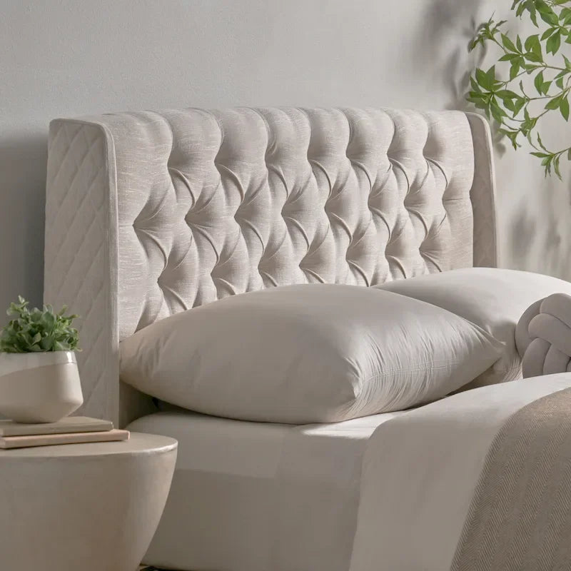 Tête de lit Queen Wingback avec coutures capitonnées en losange, beige / coquille d'œuf / gris foncé, style moderne, lit 1 personne